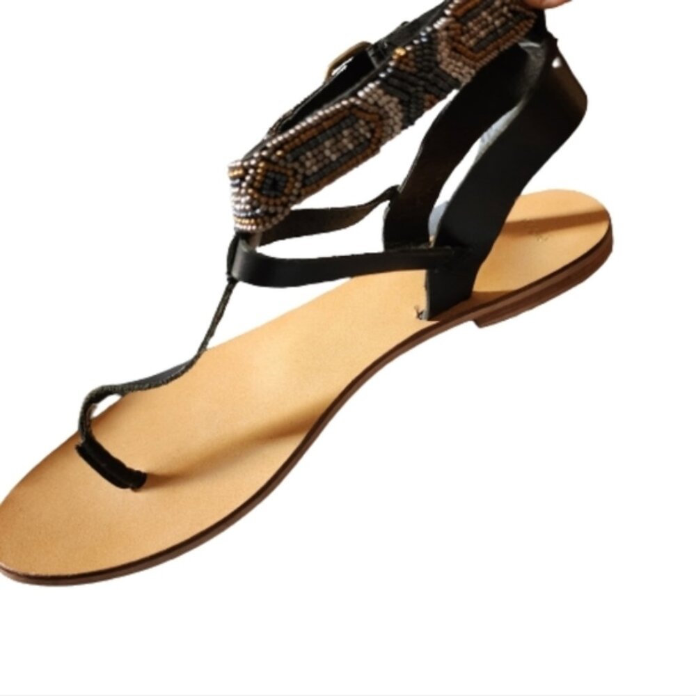 Ecote blue gold beaded leather sandals color black size 8